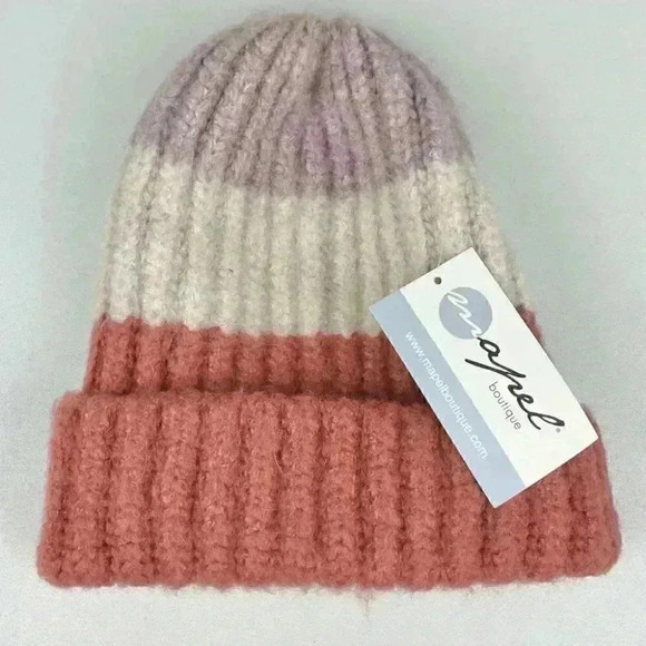 BOUTIQUE Women's OS Chunky Knit Stripe Beanie Sara Winter Hat Orange Cream Purpl - Picture 1 of 10